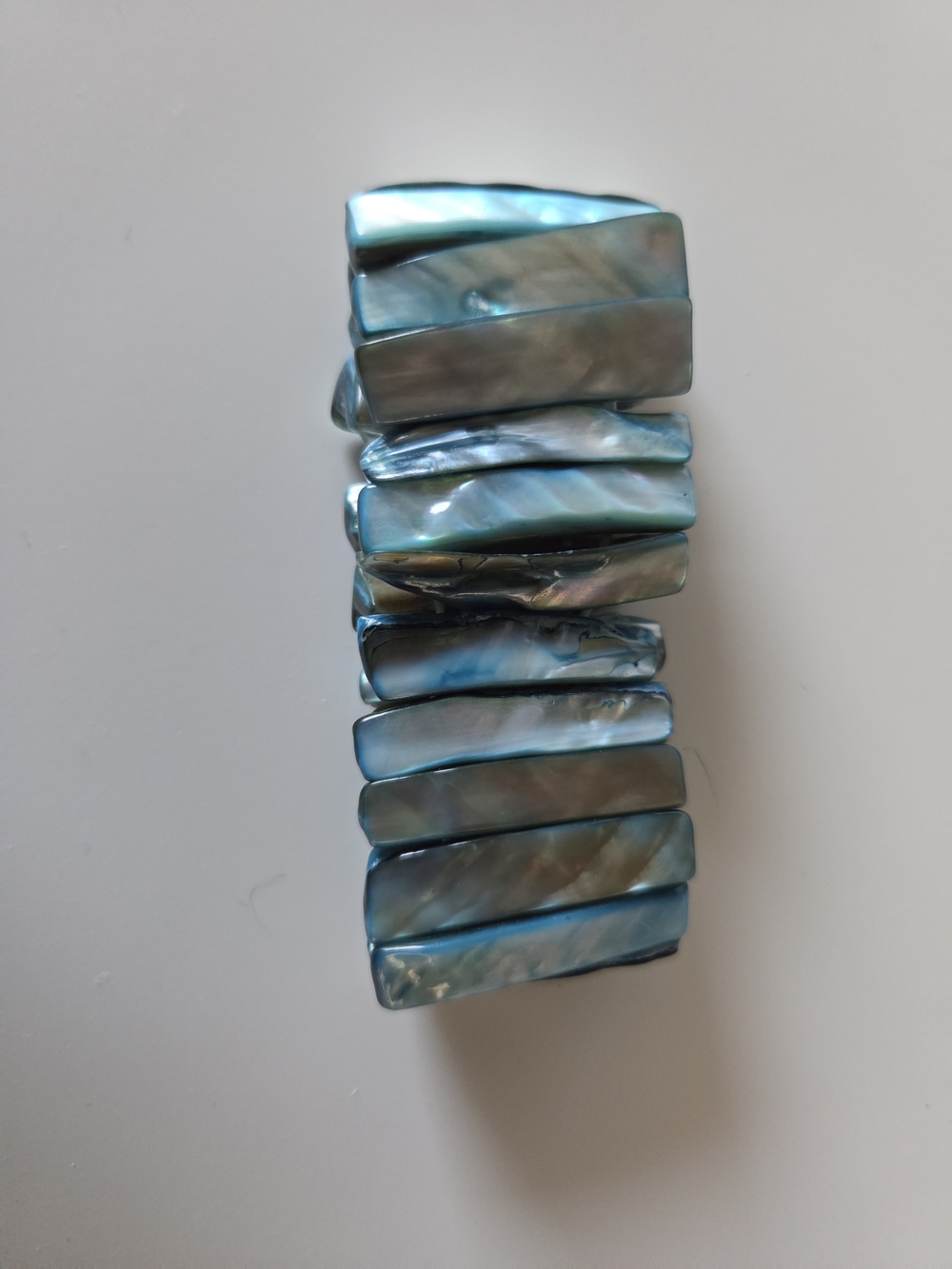 Vintage Teal Blue Shell Segment Panel Stretch Bracelet | Iridescent Mother of Pe